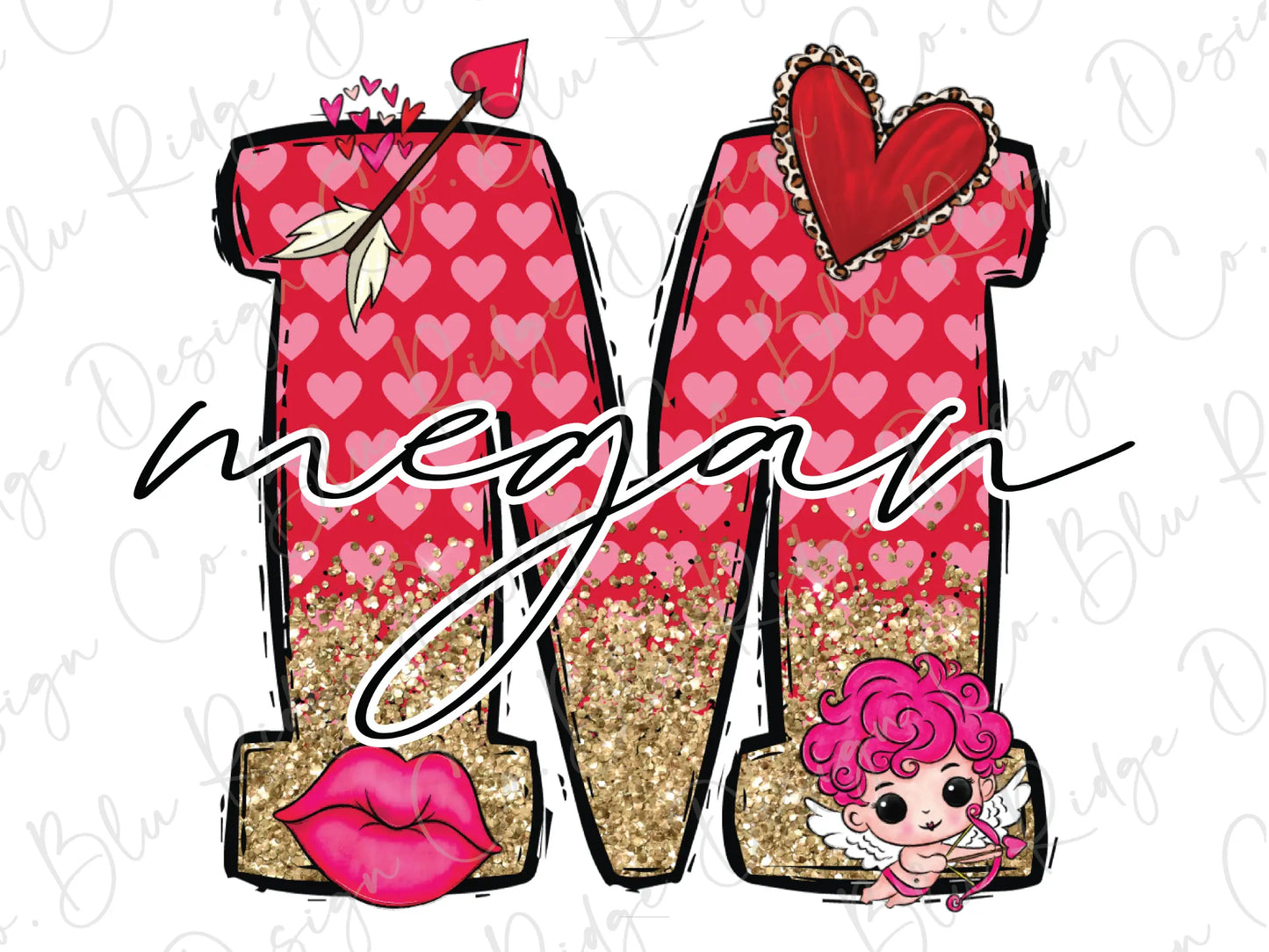 a pink and gold letter m with hearts on it