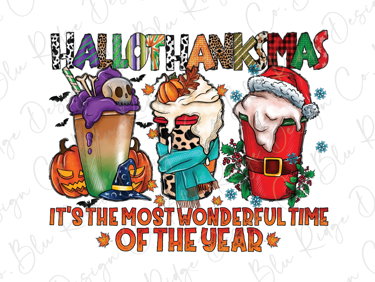 HappyHalloThanksMas Christmas Halloween Thanksgiving Coffee Direct To Film (DTF) Transfer BluRidgeDesignCo