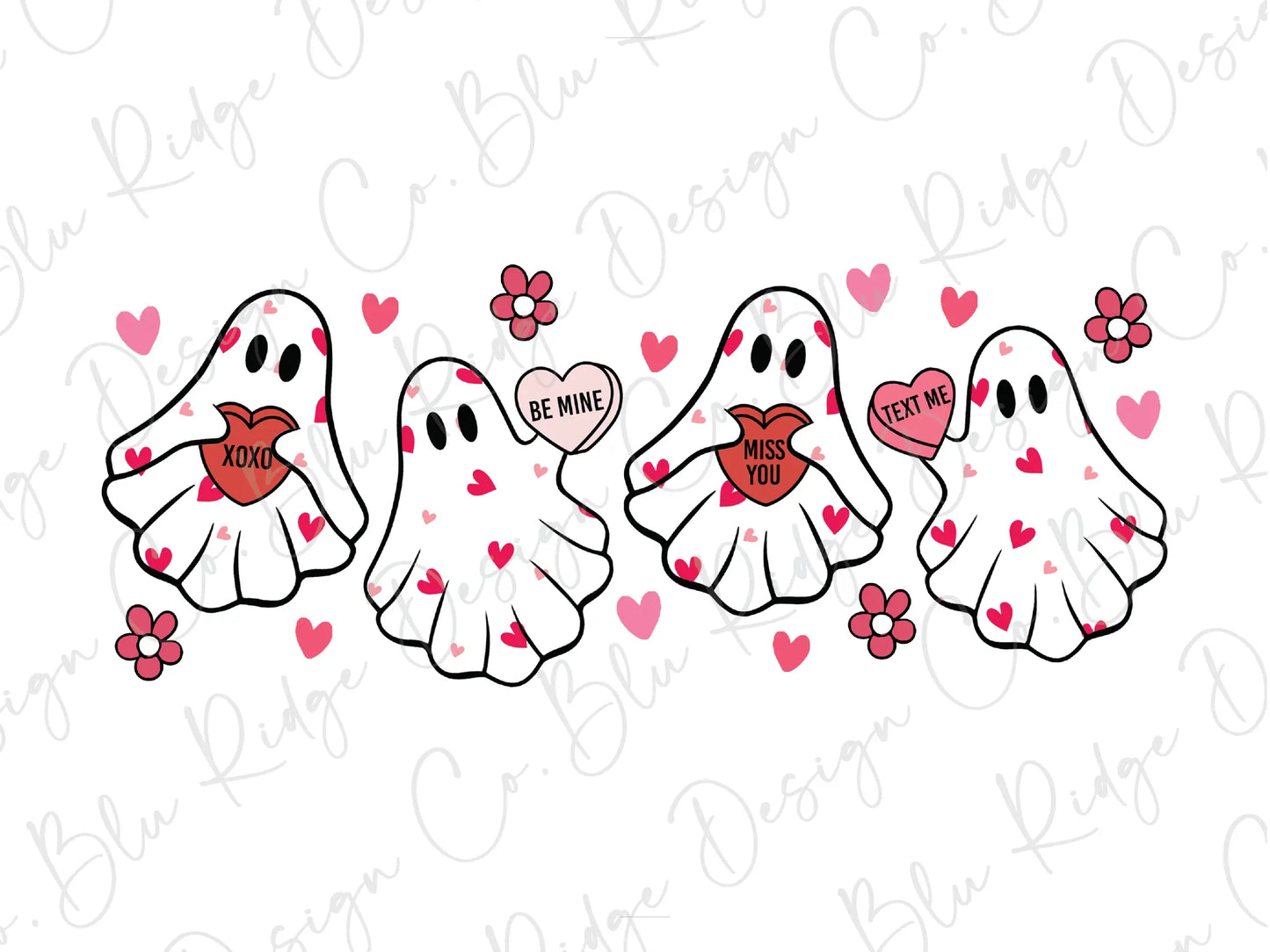 three ghost stickers with hearts on them