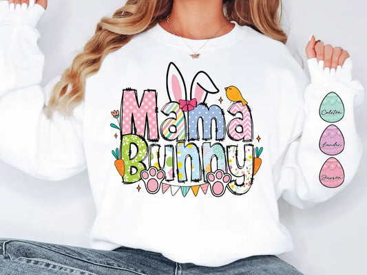 a woman wearing a white mama bunny sweatshirt