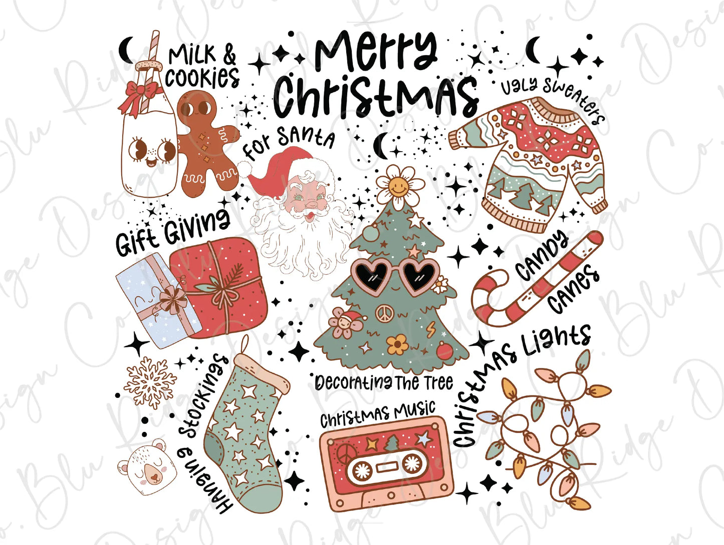 a christmas card with a christmas tree and other items