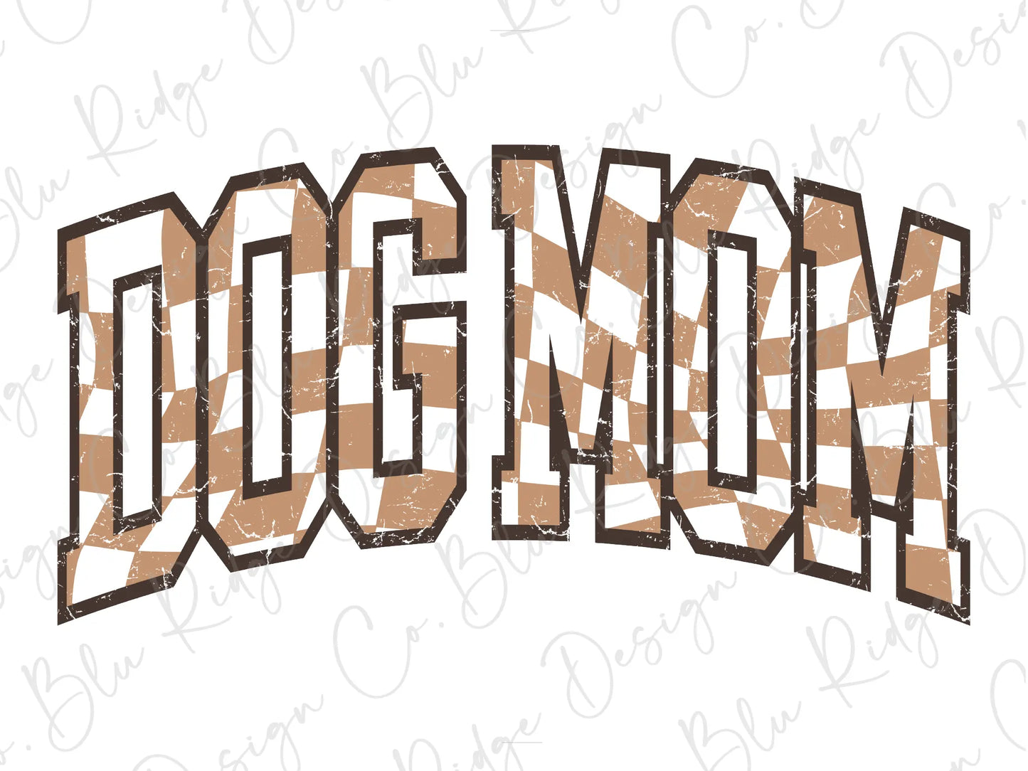 the word dog mom in a checkered pattern on a white background