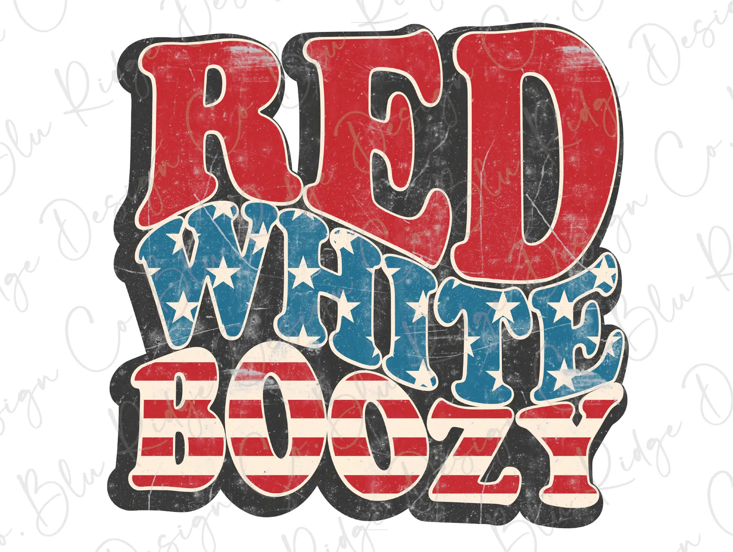 Red White Boozy July 4th Vintage Wavy Stars and Stripes Design Direct To Film (DTF) Transfer BluRidgeDesignCo