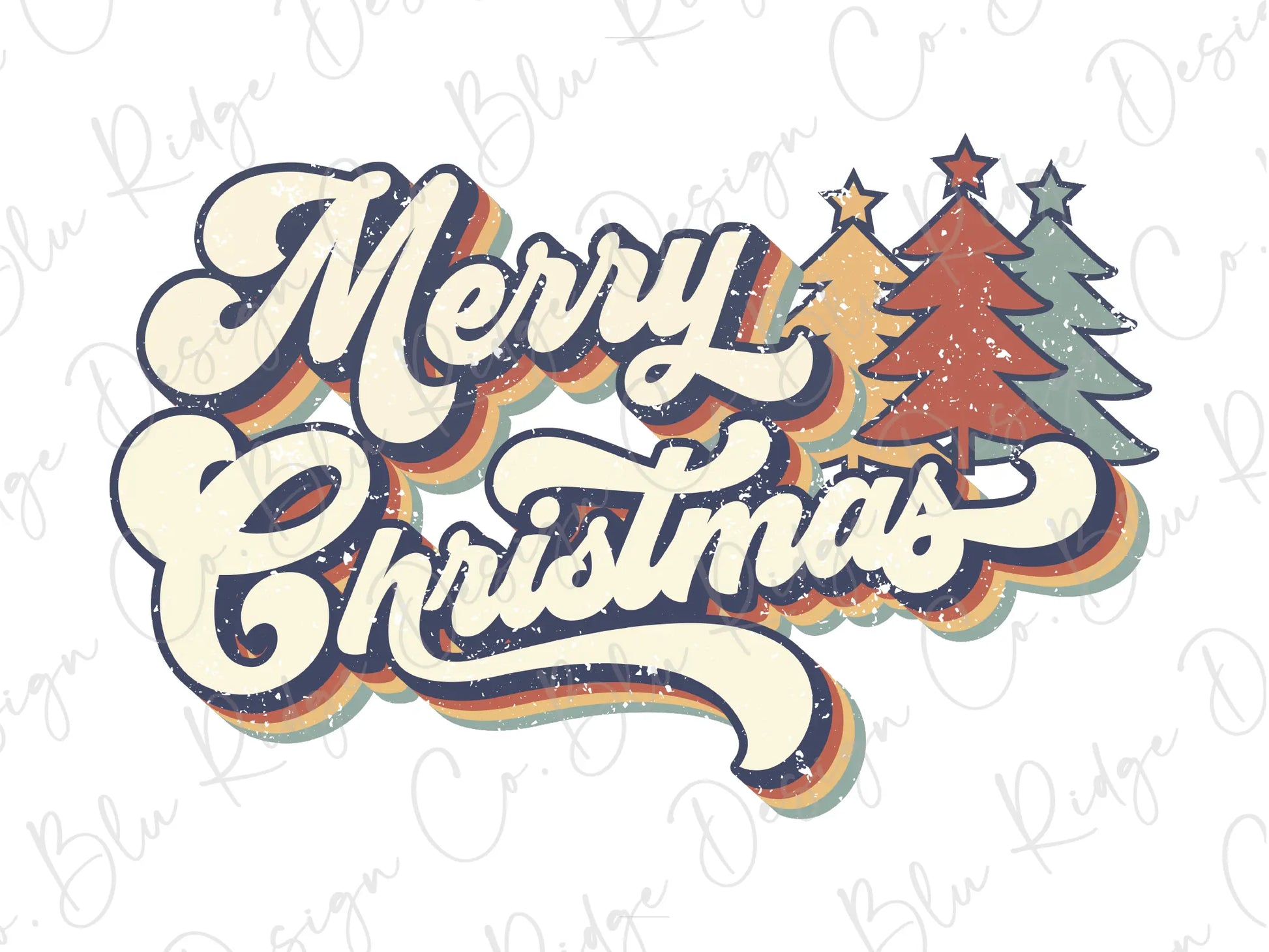 Merry Christmas Retro Rainbow Christmas Trees Direct To Film (DTF) Transfer BluRidgeDesignCo