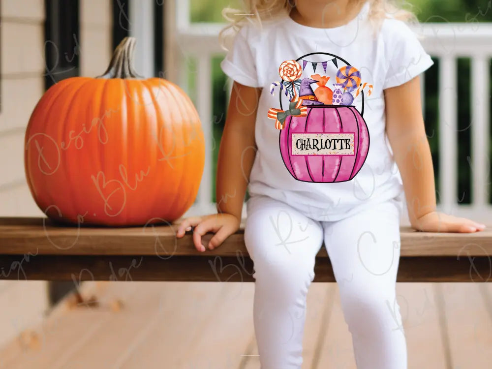 Girls Pumpkin Halloween Candy Bucket Personalized Design Direct To Film (DTF) Transfer BluRidgeDesignCo