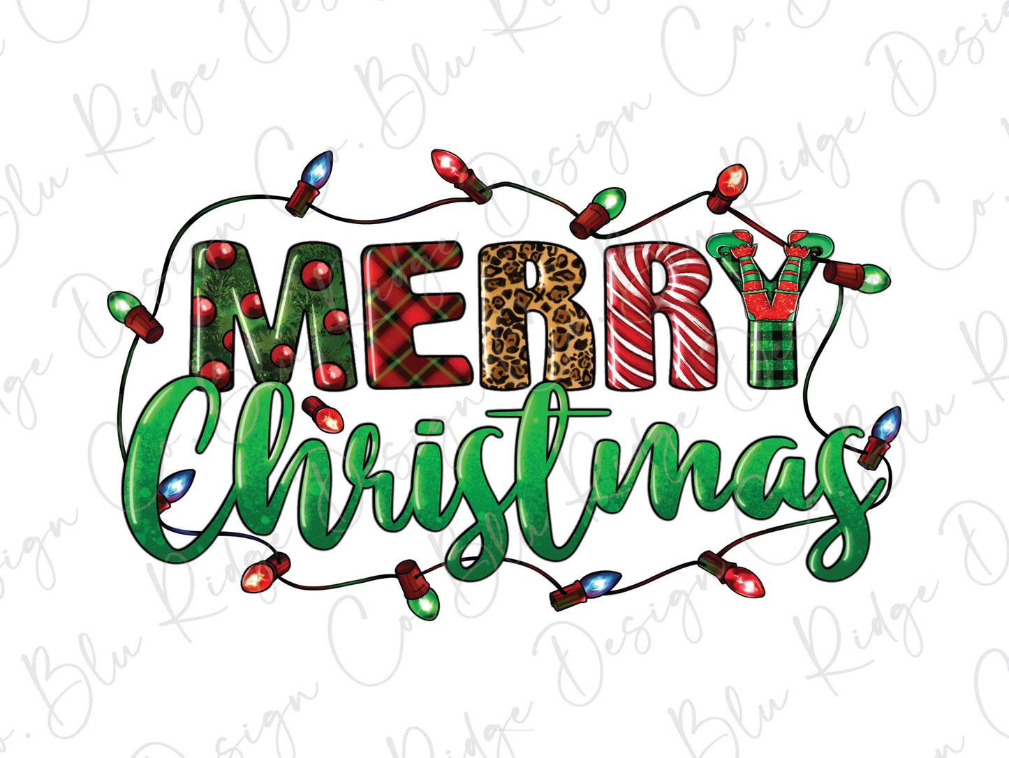 Merry Christmas lights Direct to Film (DTF) Transfer BluRidgeDesignCo