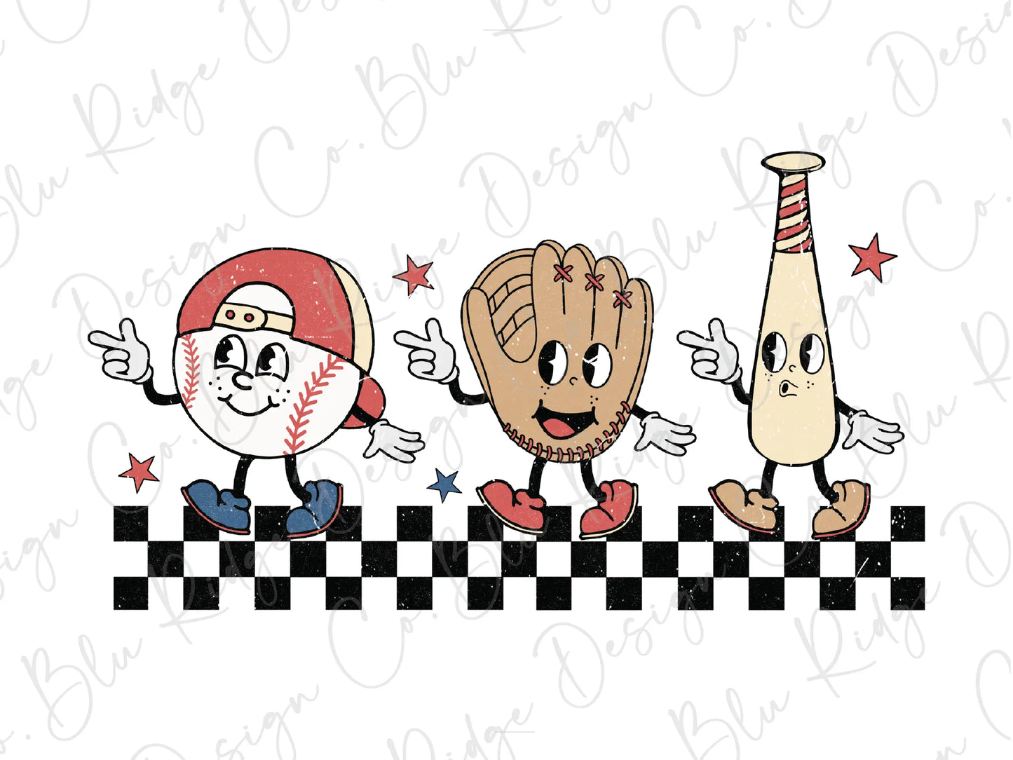three cartoon baseball players on a checkered surface