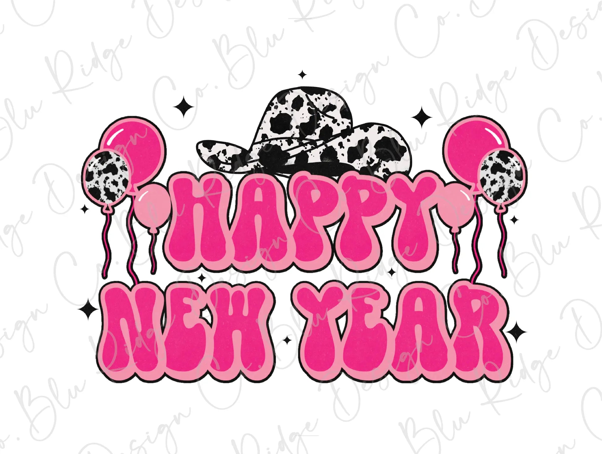 Happy New Years Party Country Cow Print Direct to Film (DTF) Transfer BluRidgeDesignCo