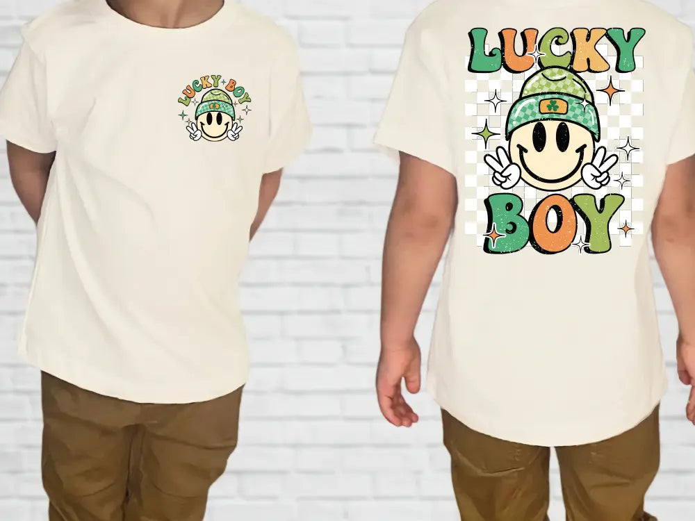 a man wearing a lucky boy t - shirt and khaki pants