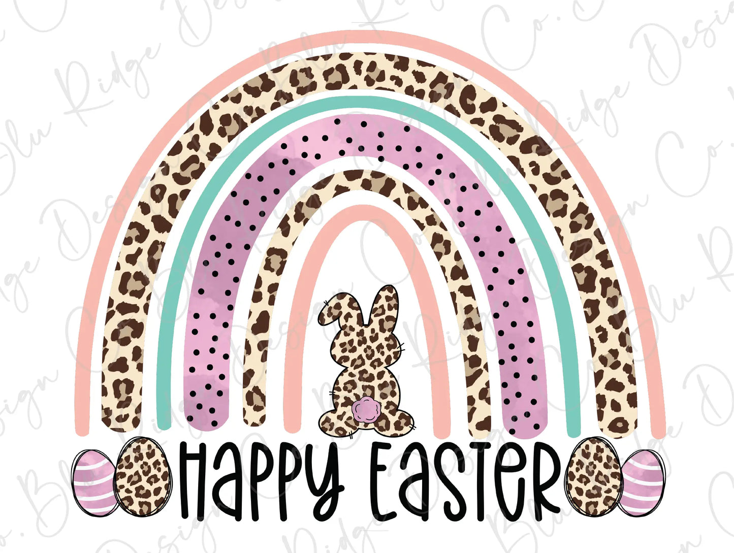 Happy Easter Watercolor Rainbow with Leopard Cheetah Bunny Design Direct To Film (DTF) Transfer BluRidgeDesignCo