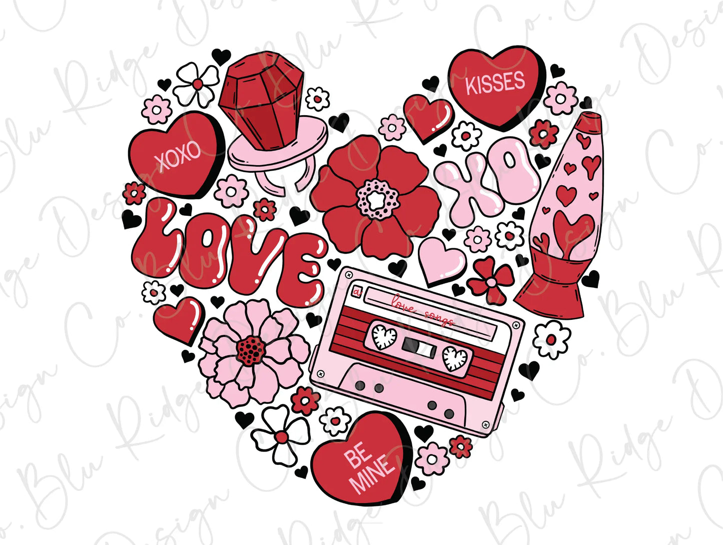 Valentine's Day Red and Pink Love Song Conversation Heart Floral Direct to Film (DTF) Transfer BluRidgeDesignCo