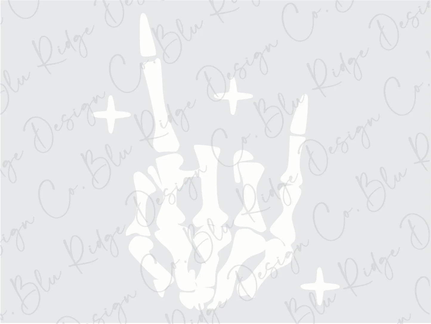 White Skeleton Hand Gesture For Hook 'Em Horns, Rock On or the Sign of Having a Good Time Direct To Film (DTF) Transfer BluRidgeDesignCo