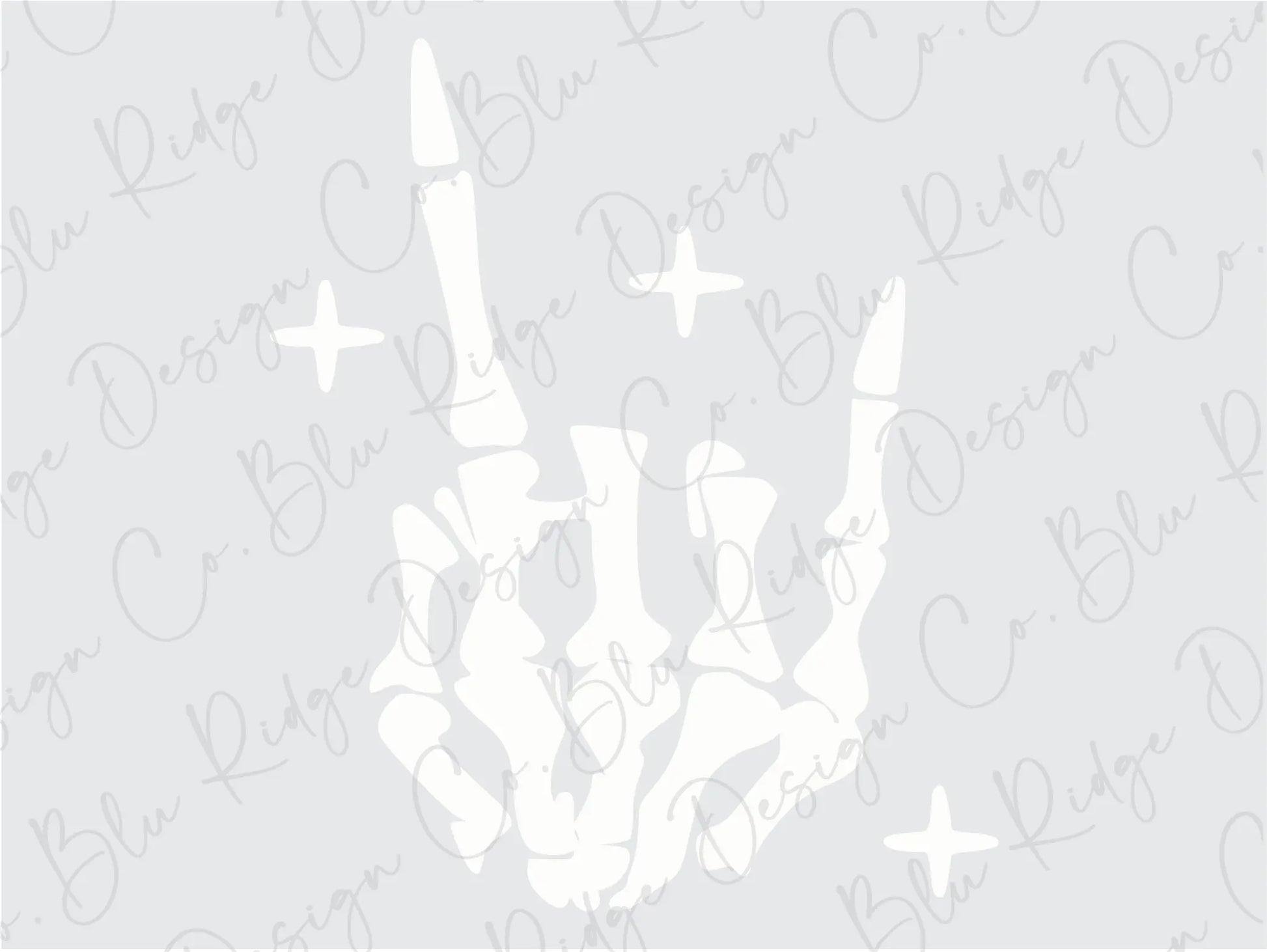 White Skeleton Hand Gesture For Hook 'Em Horns, Rock On or the Sign of Having a Good Time Direct To Film (DTF) Transfer BluRidgeDesignCo