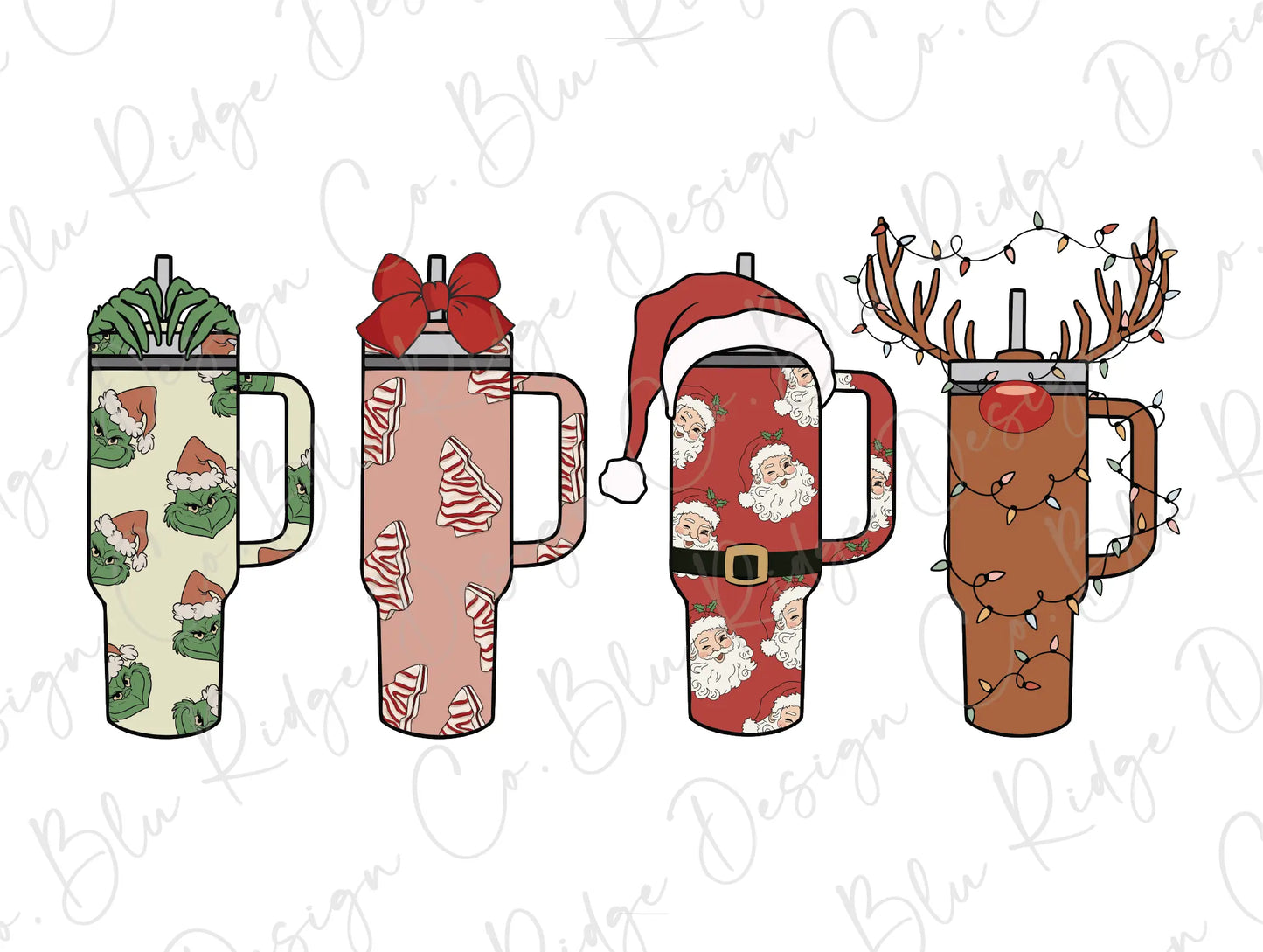 a set of three christmas mugs with reindeer antlers on them
