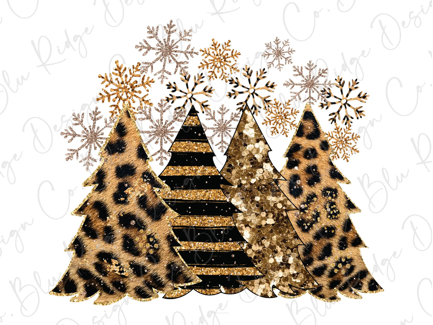 Gold Leopard Stripes Merry Christmas Trees with Snowflakes Direct To Film (DTF) Transfer BluRidgeDesignCo