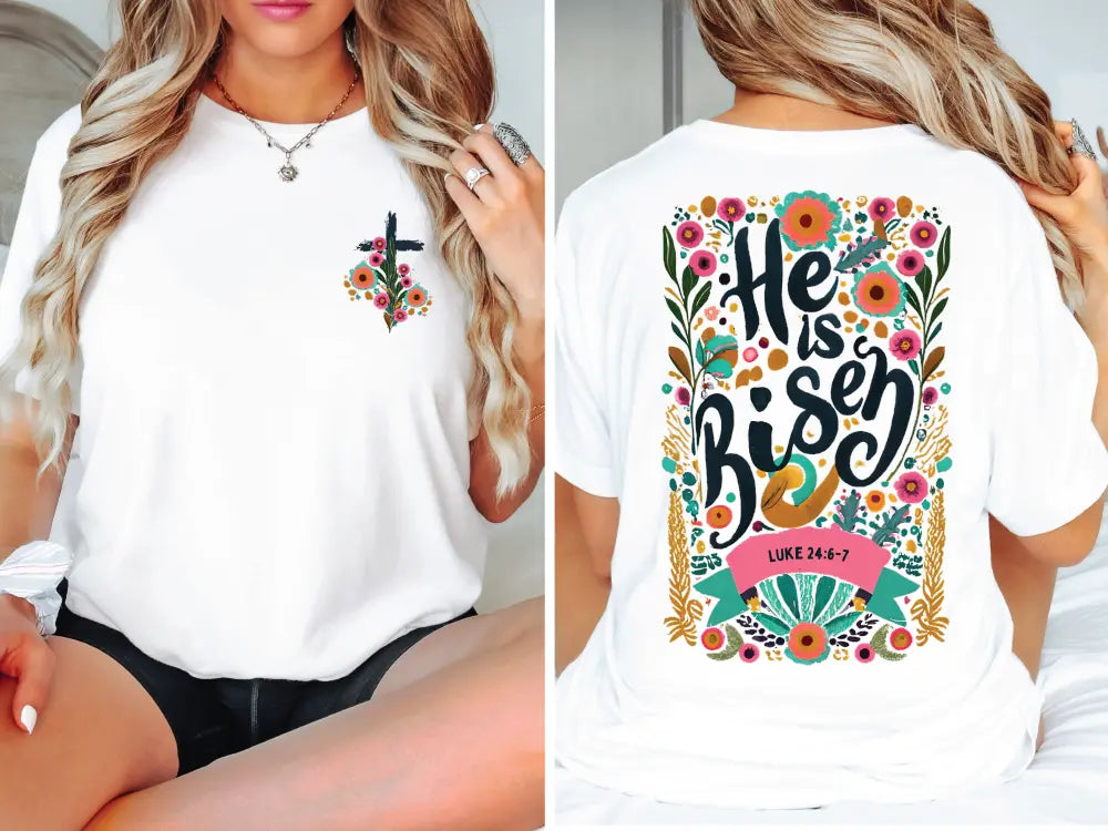 a woman wearing a white shirt with a cross on it