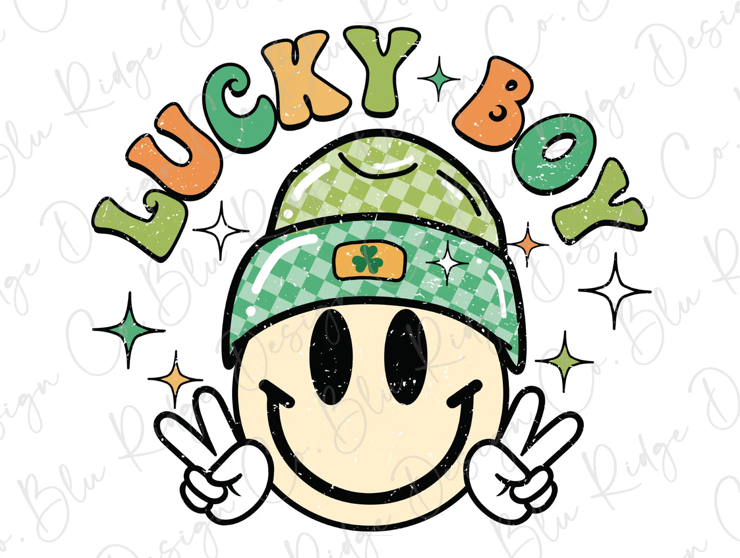 a smiley face wearing a green hat with stars around it