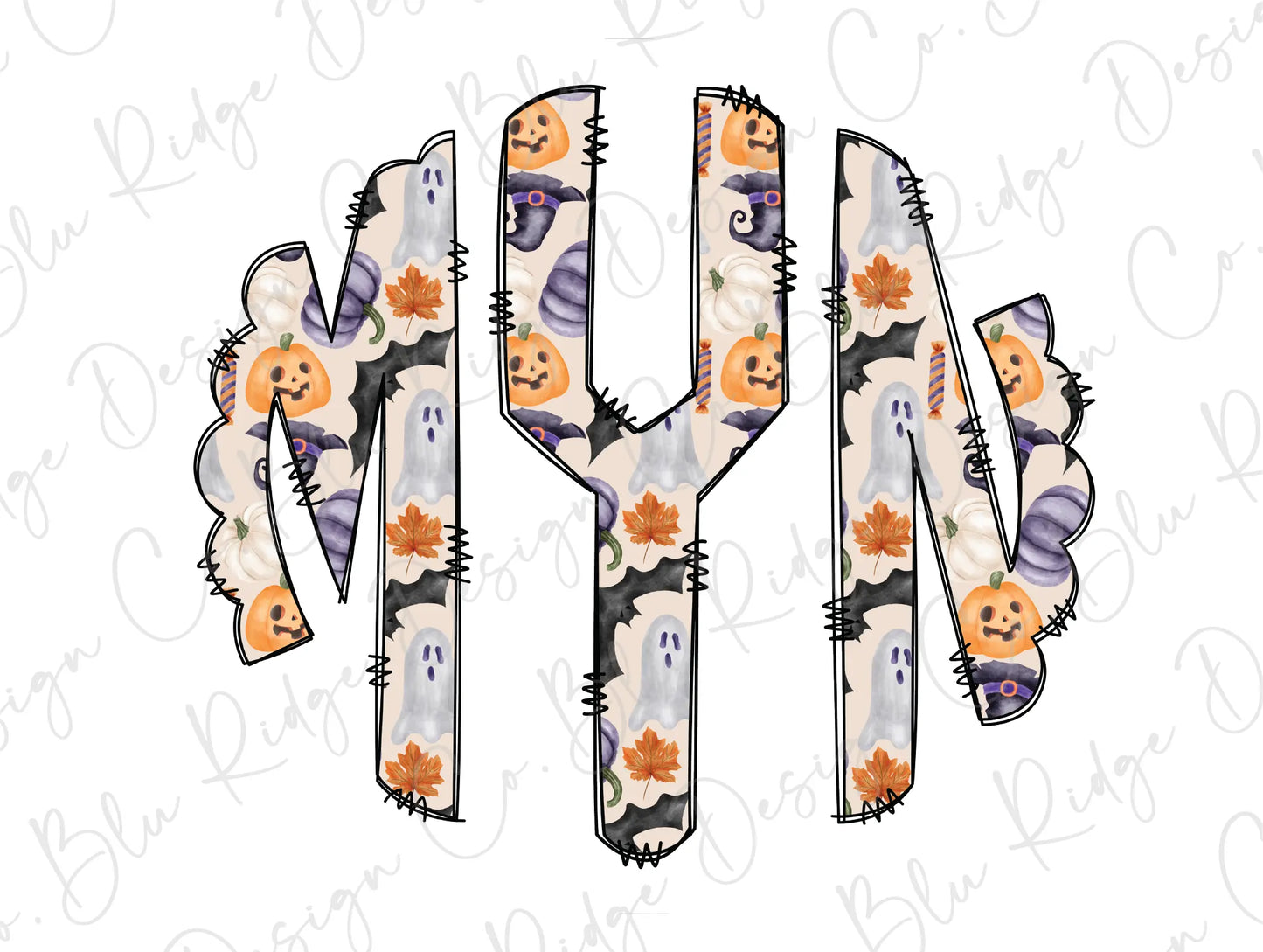 Girls Watercolor Spooky Halloween Personalized Monogram Design Direct To Film (DTF) Transfer BluRidgeDesignCo