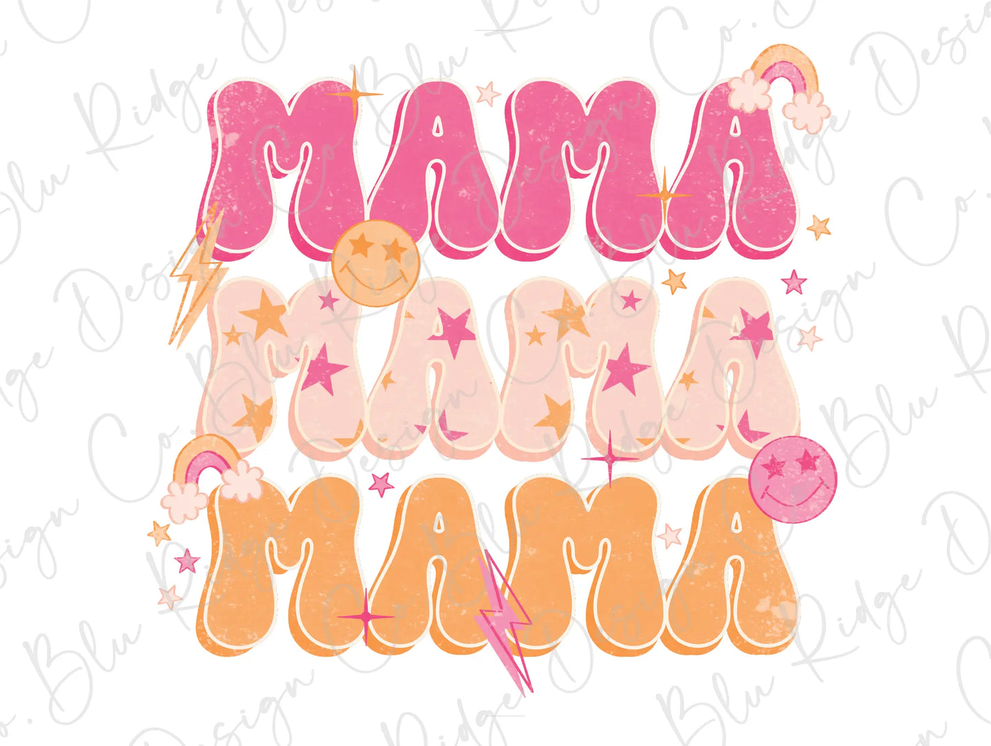 Retro Mama Lightning Bolt, Stars and Rainbows Stacked Design Direct To Film (DTF) Transfer BluRidgeDesignCo