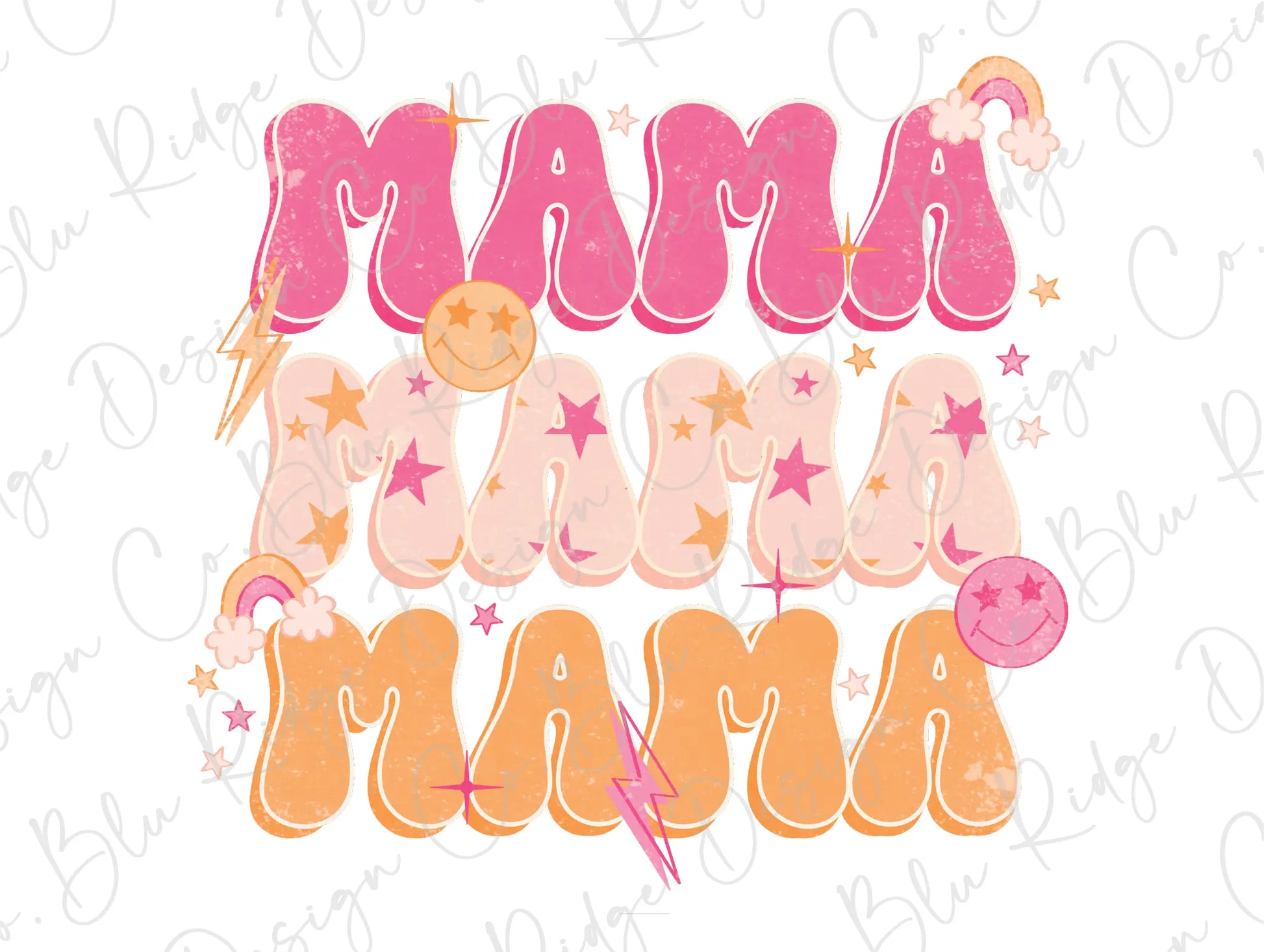 Retro Mama Lightning Bolt, Stars and Rainbows Stacked Design Direct To Film (DTF) Transfer BluRidgeDesignCo