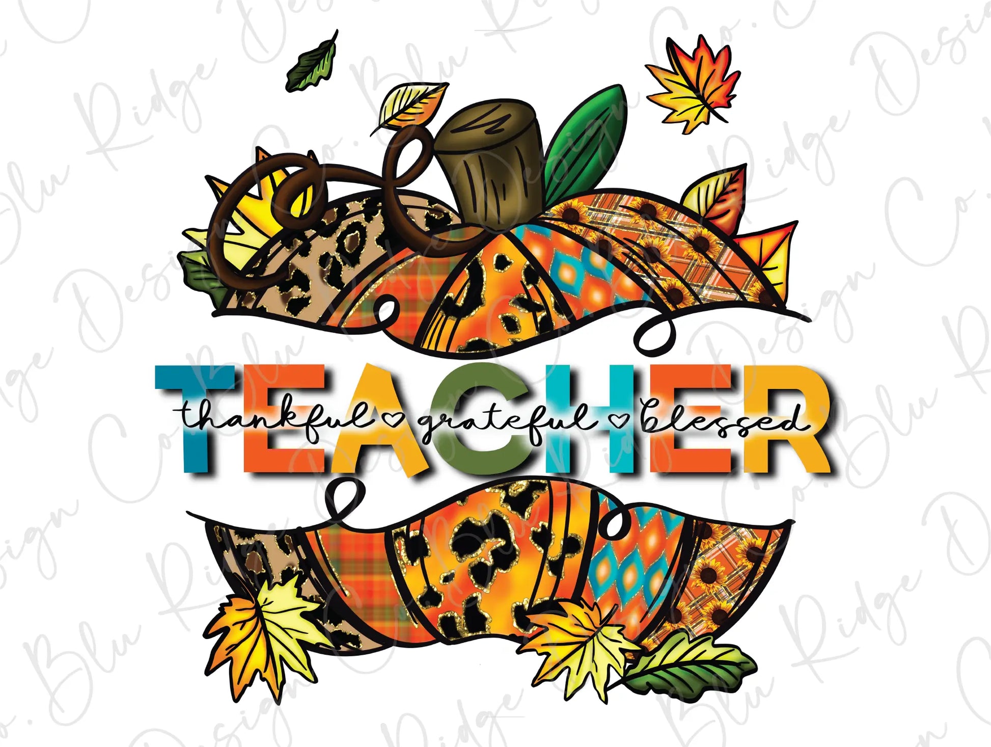 Teacher Leopard Print Colorful Fall Pumpkin Design Direct To Film (DTF) Transfer BluRidgeDesignCo