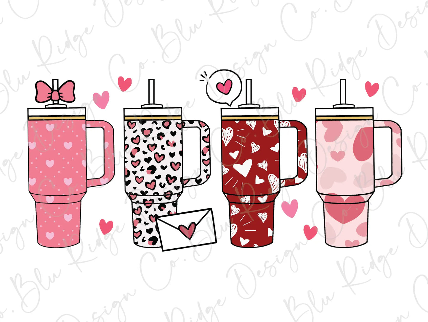 a set of four coffee mugs with hearts on them