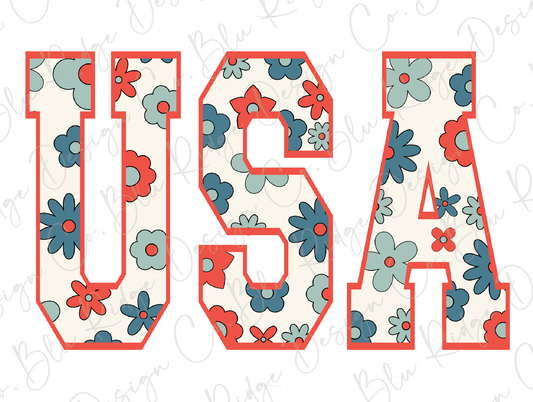 USA Red White and Blue Floral Retro July 4th Patriotic Design Direct To Film (DTF) Transfer