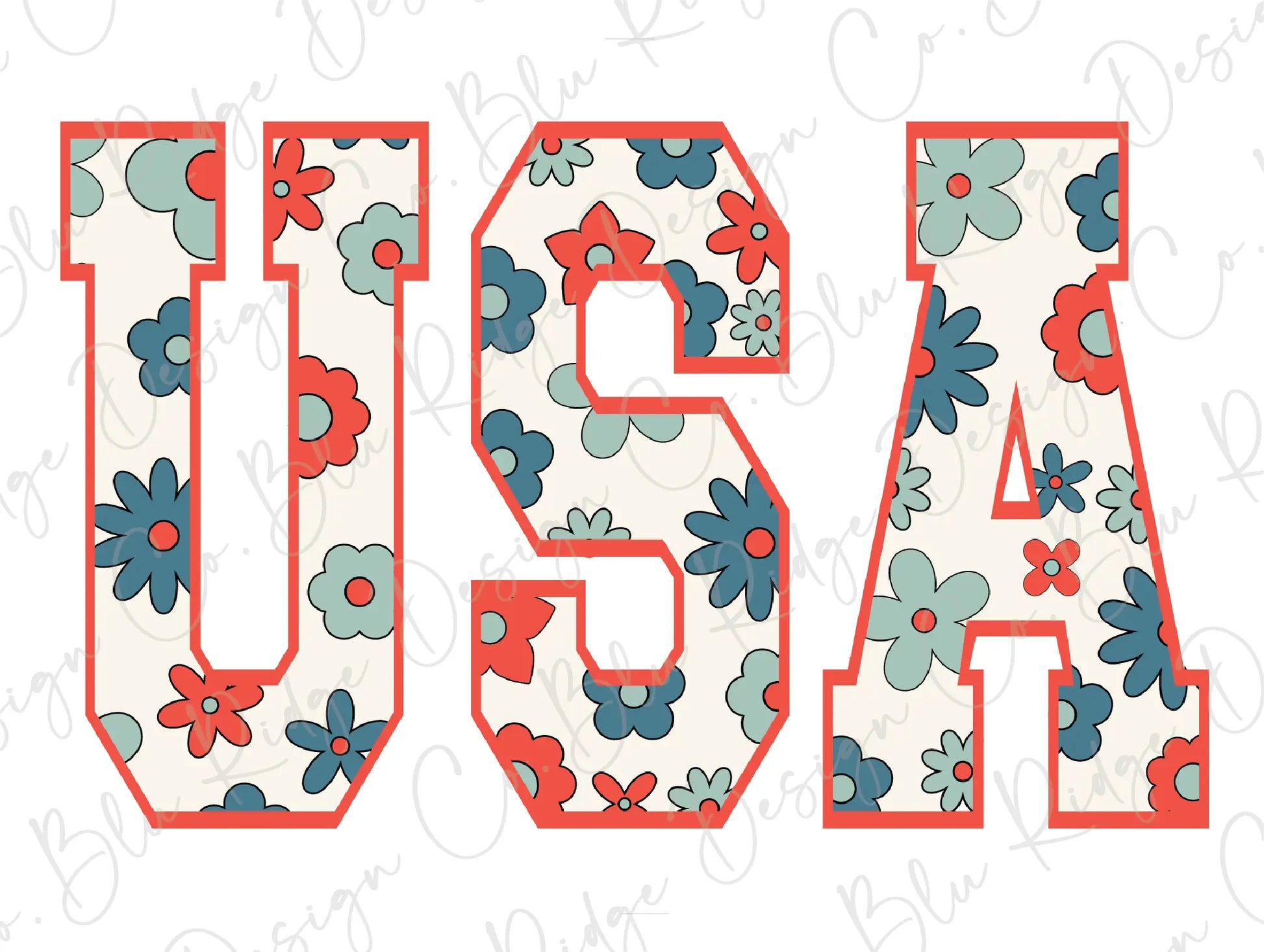 USA Red White and Blue Floral Retro July 4th Patriotic Design Direct To Film (DTF) Transfer BluRidgeDesignCo