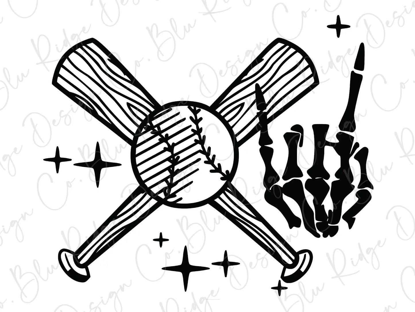 Ball and Crossed Bats with Skeleton Hand displaying Hook 'Em Horns or Rock On Symbol Direct To Film (DTF) Transfer BluRidgeDesignCo
