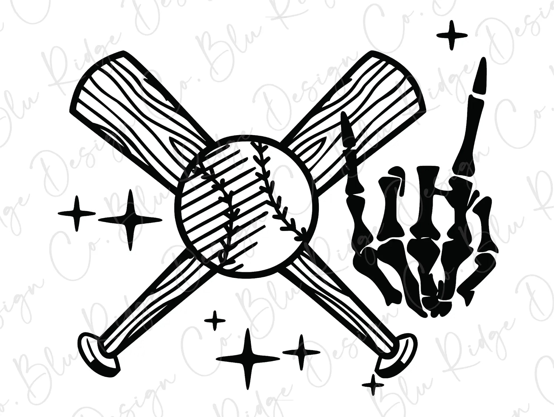 Ball and Crossed Bats with Skeleton Hand displaying Hook 'Em Horns or Rock On Symbol Direct To Film (DTF) Transfer BluRidgeDesignCo