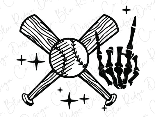 Ball and Crossed Bats with Skeleton Hand displaying Hook 'Em Horns or Rock On Symbol Direct To Film (DTF) Transfer BluRidgeDesignCo