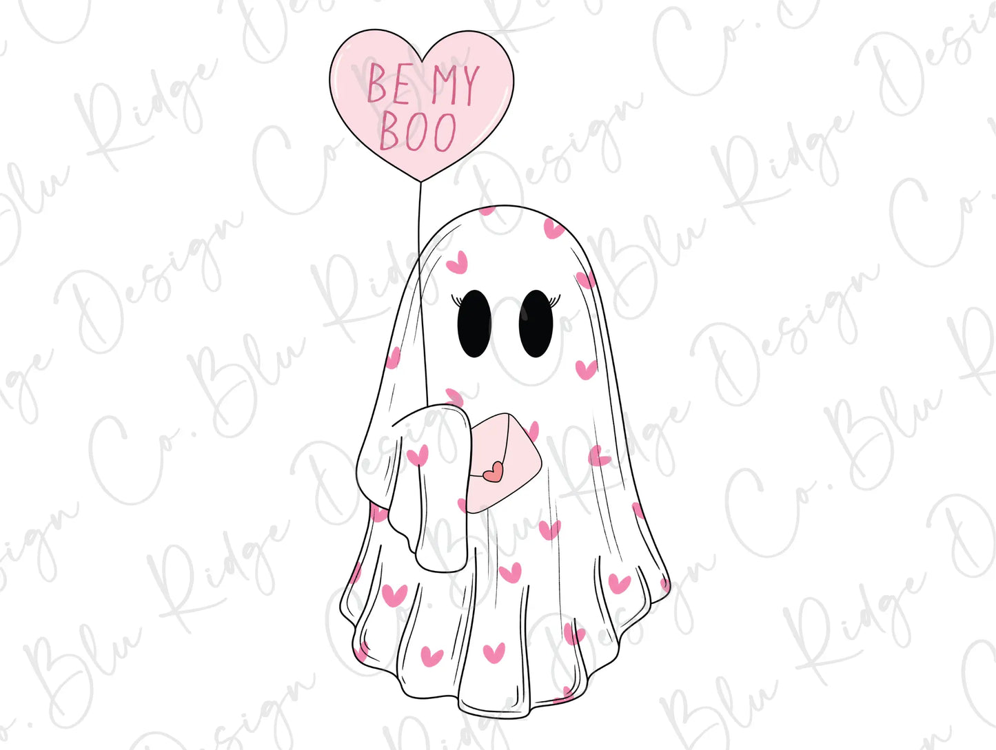 a ghost holding a heart shaped balloon with the words be my boo on it