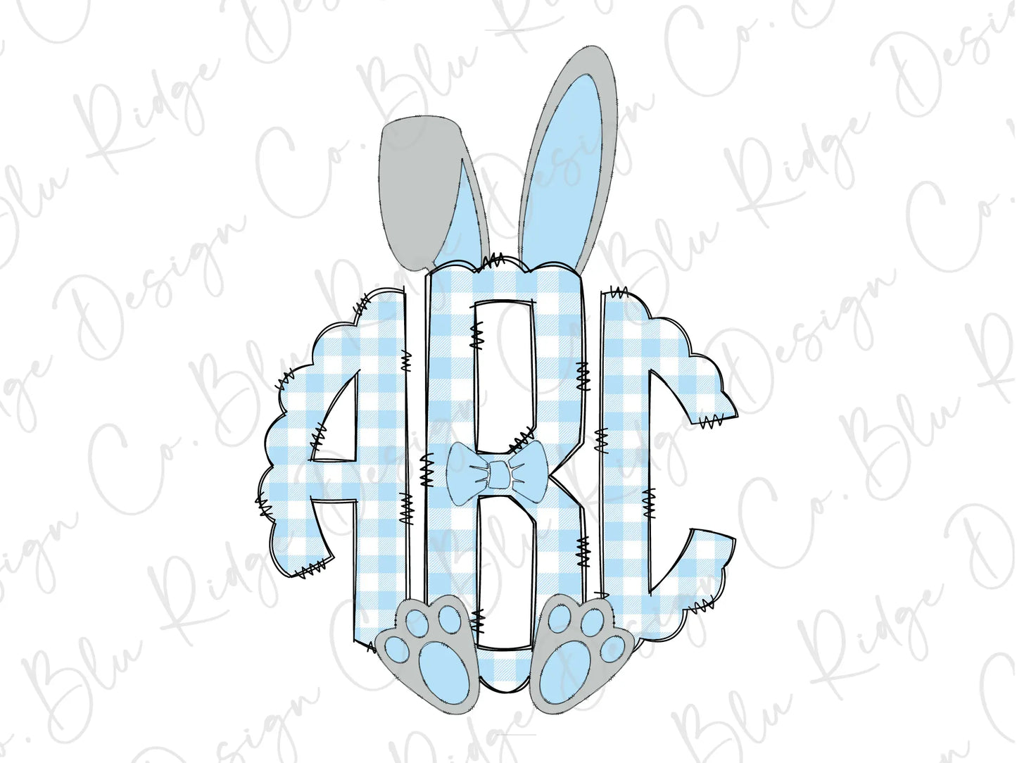 a blue and white plaid bunny with the letter r on it