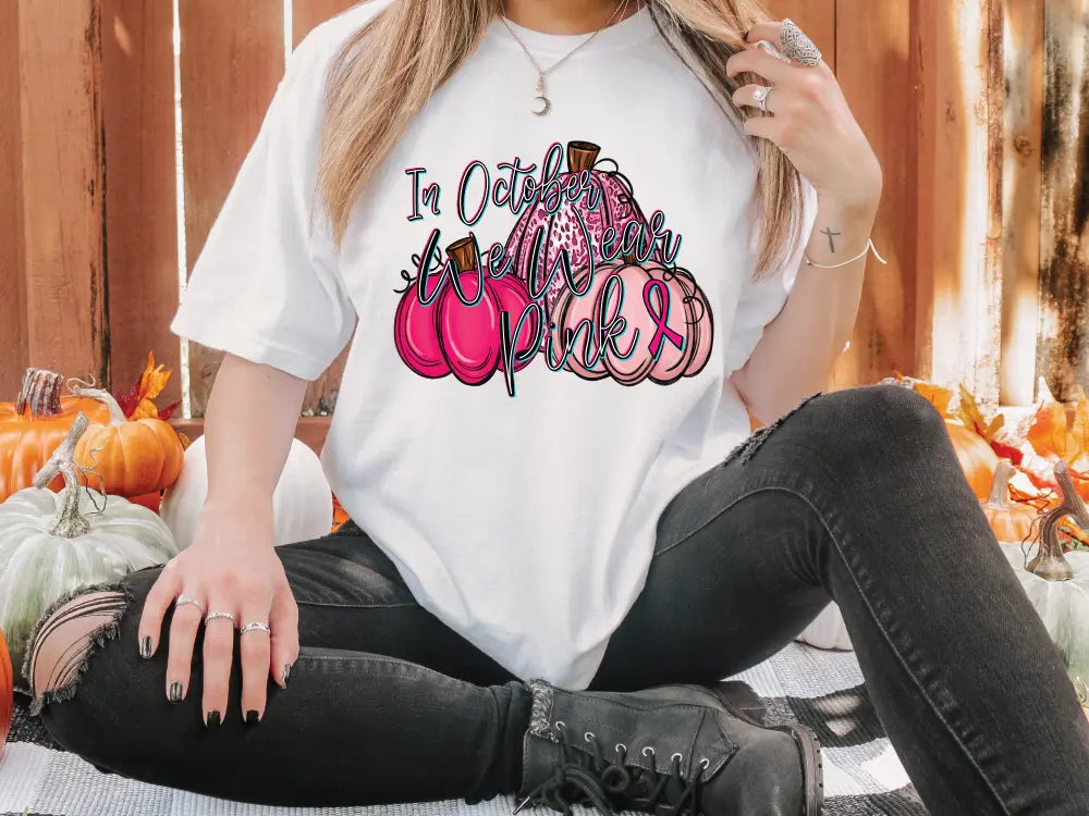 In October We Wear Pink Breast Cancer Awareness Ribbon Pink Fall Pumpkins Direct to Film (DTF) Transfer BluRidgeDesignCo