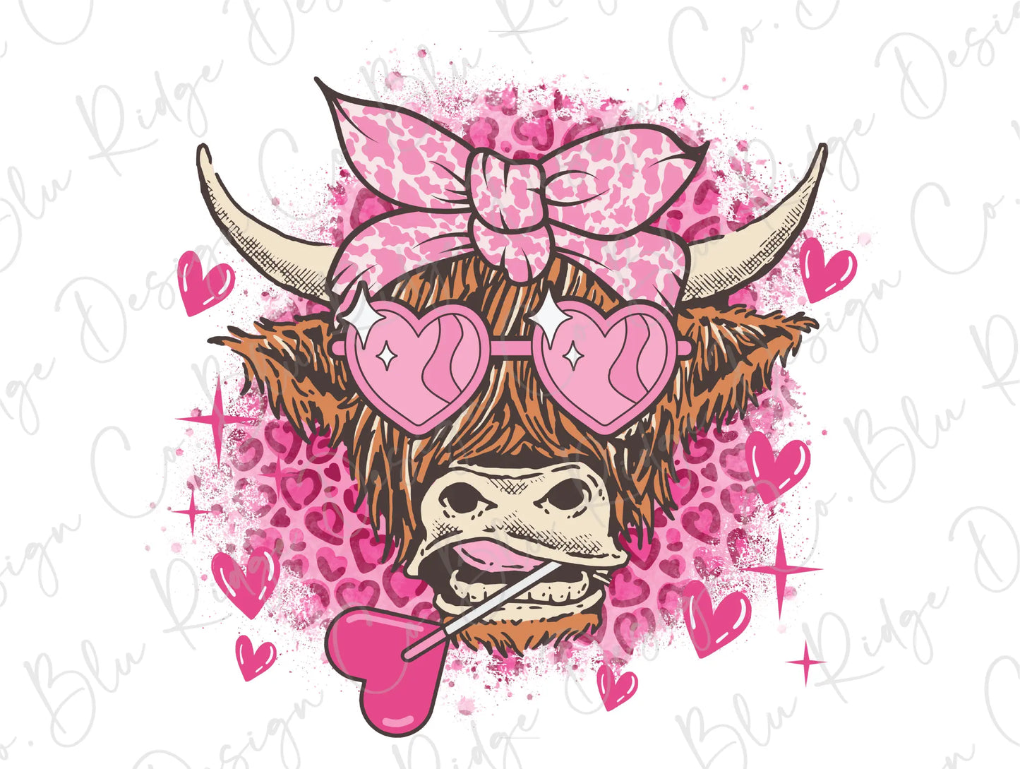 a cow with heart shaped glasses and a bow