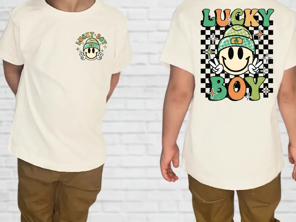a man wearing a lucky boy t - shirt and khaki pants