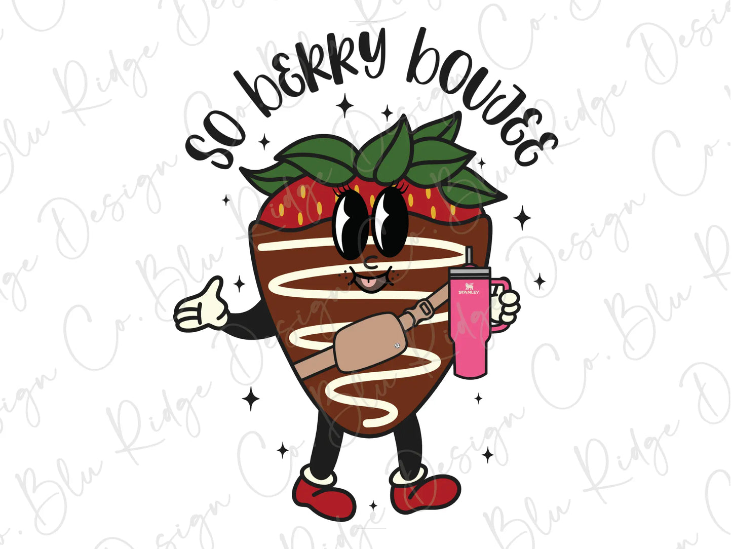 a chocolate covered strawberry holding a pink drink