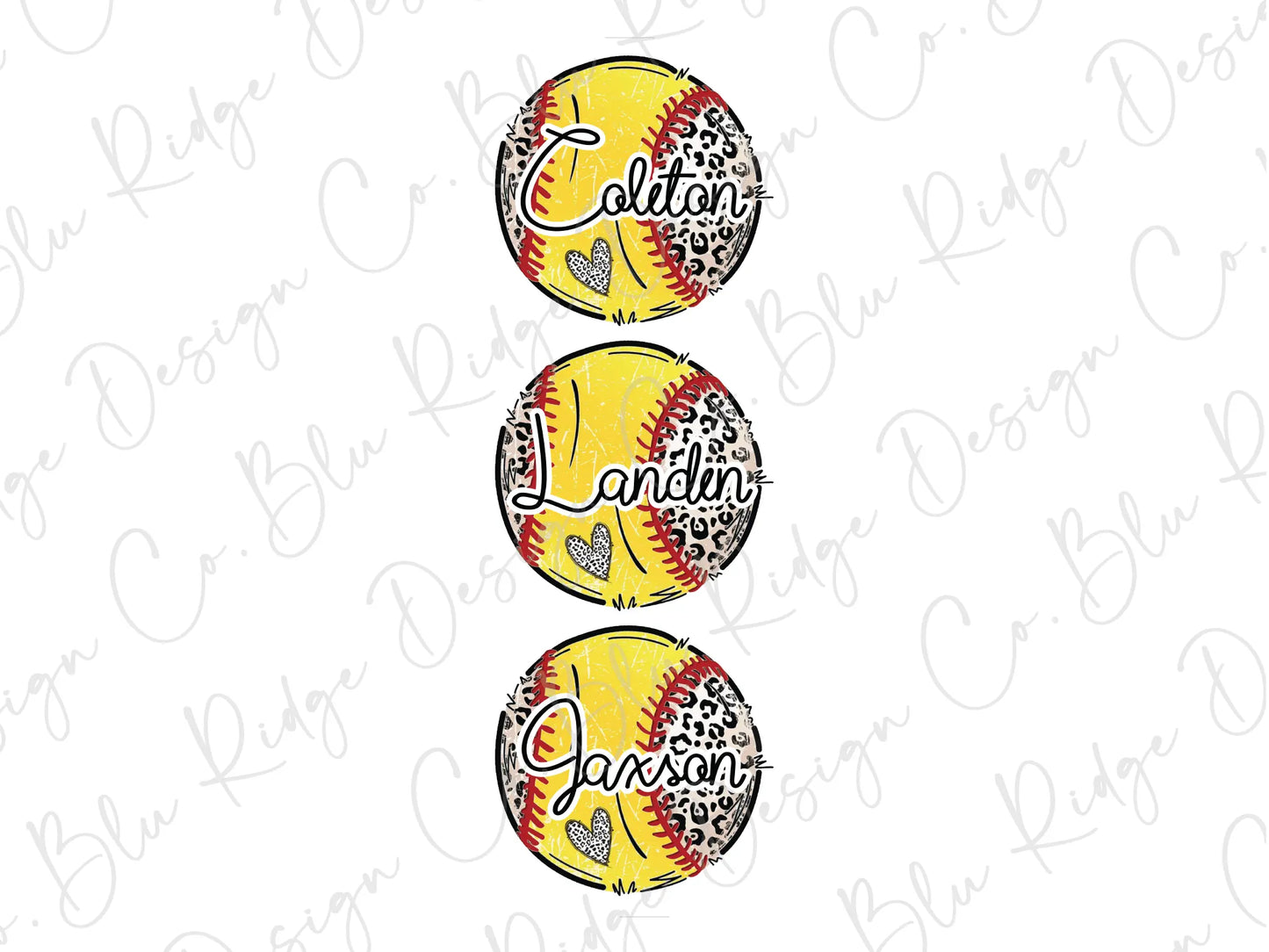 three yellow softballs with the word's names on them
