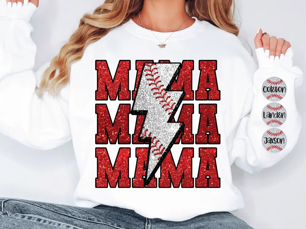 a woman wearing a white sweatshirt with a baseball on it