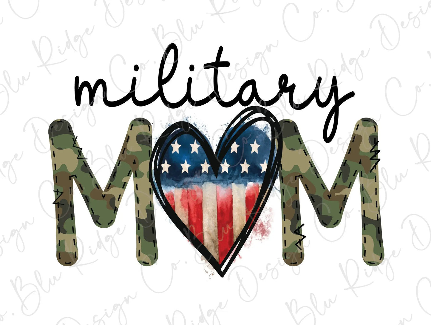 Military Mom Camo American Flag Heart Direct to Film (DTF) Transfer BluRidgeDesignCo