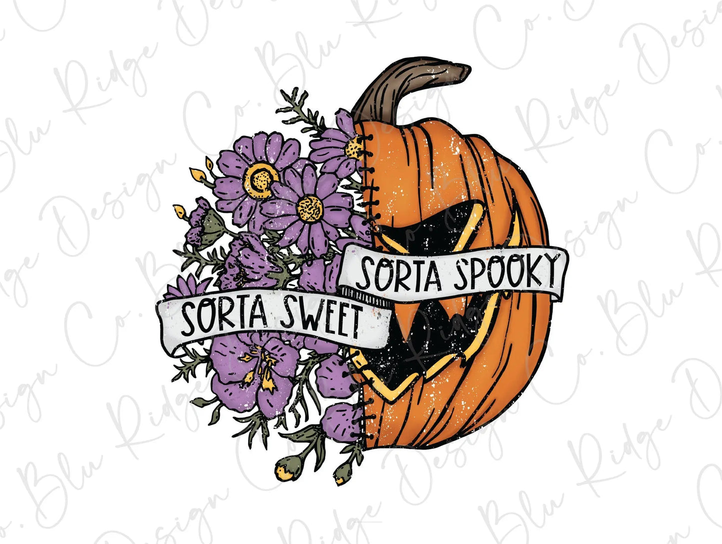 Sorta Sweet Sorta Spooky Halloween Floral Pumpkin Direct to Film (DTF) Transfer BluRidgeDesignCo