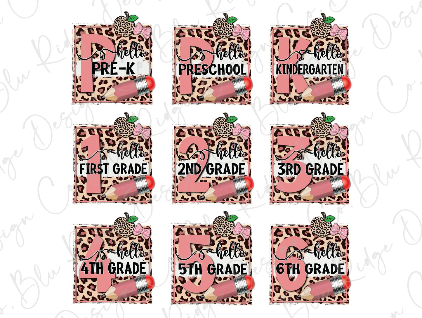 Leopard Apple and Pencil Girl Back to School Grade Levels Direct To Film (DTF) Transfer BluRidgeDesignCo