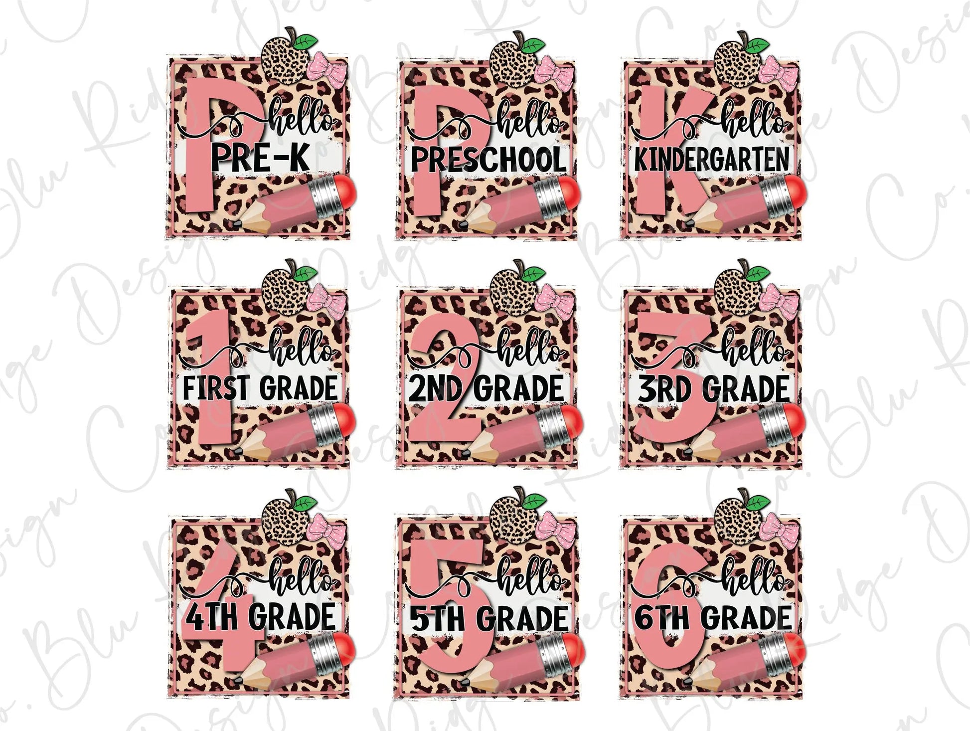 Leopard Apple and Pencil Girl Back to School Grade Levels Direct To Film (DTF) Transfer BluRidgeDesignCo