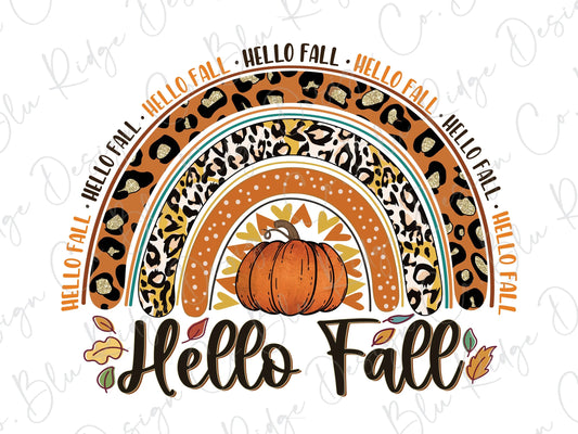 Hello Fall Pumpkin Leopard Rainbow Direct To Film (DTF) Transfer BluRidgeDesignCo