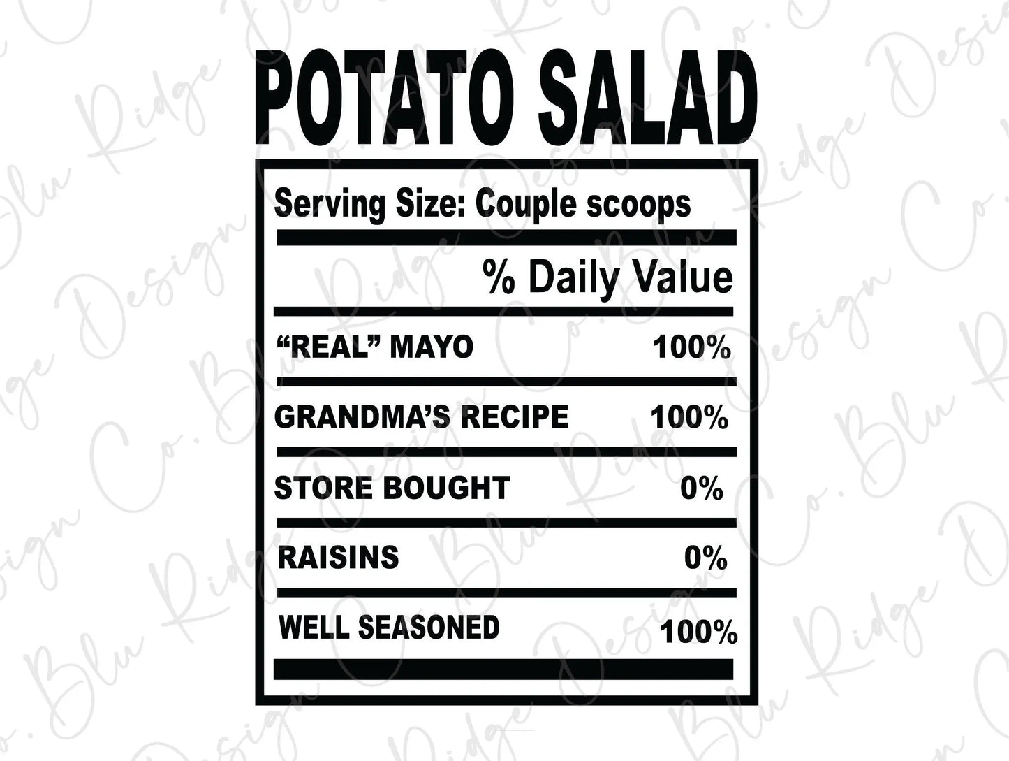 Thanksgiving Soul Food Nutrition Label Potato Salad Direct to Film (DTF) Transfer BluRidgeDesignCo