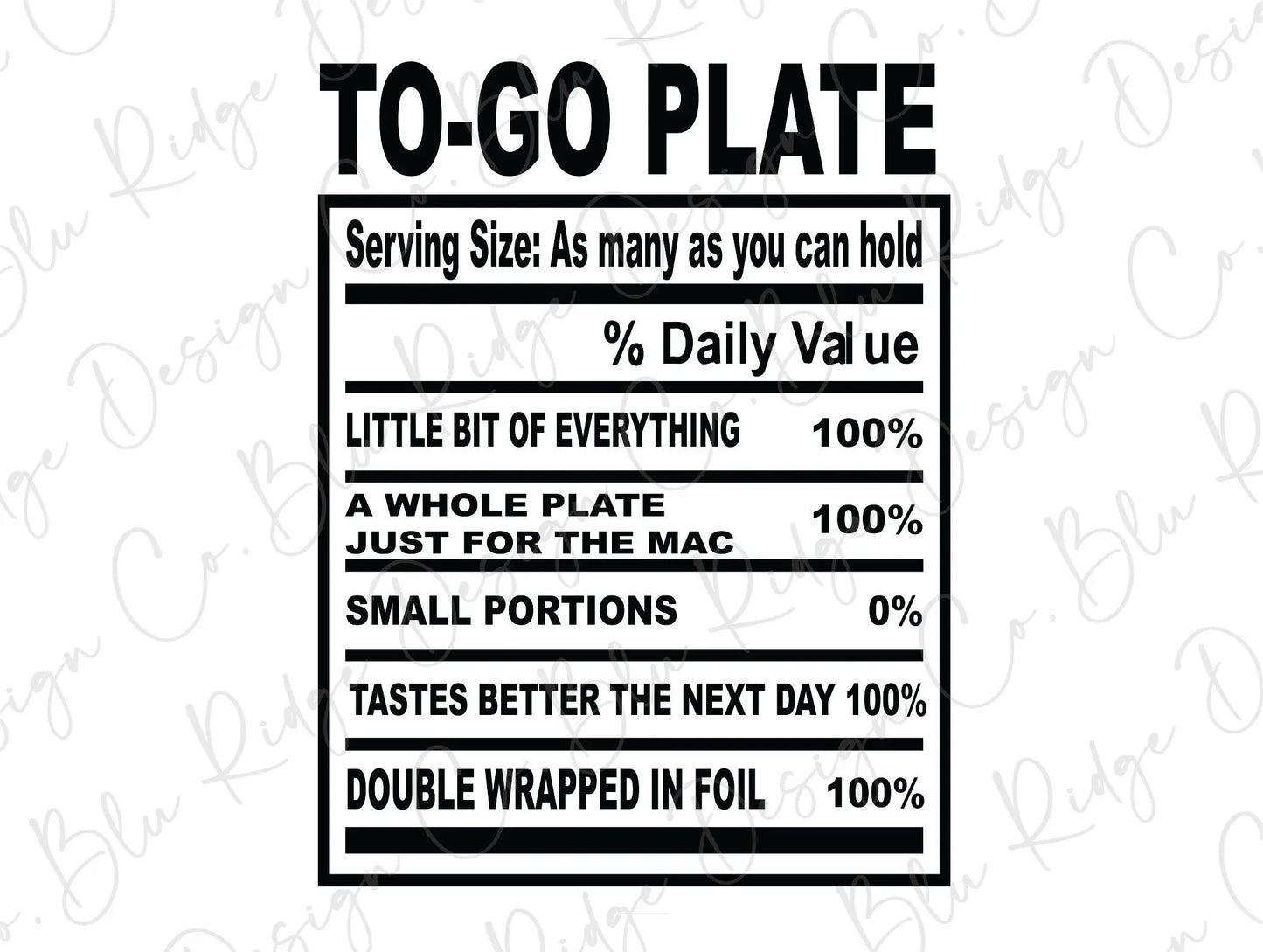 Thanksgiving Soul Food Nutrition Label To-Go Plate Direct to Film (DTF) Transfer BluRidgeDesignCo
