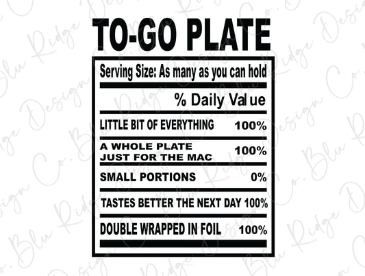 Thanksgiving Soul Food Nutrition Label To-Go Plate Direct to Film (DTF) Transfer BluRidgeDesignCo