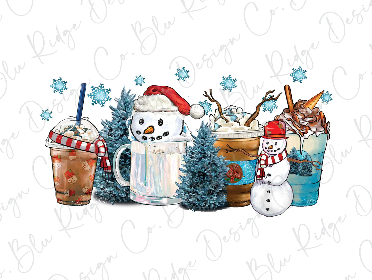 Snowman Christmas Tree Iced Coffee Latte Direct to Film (DTF) transfer BluRidgeDesignCo