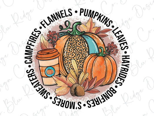 Flannels, Hayrides, Bonfires and Pumpkins Circle Direct To Film (DTF) Transfer BluRidgeDesignCo