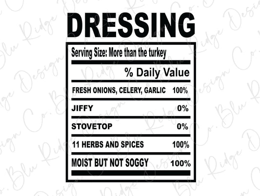 Thanksgiving Soul Food Nutrition Label Dressing Direct to Film (DTF) Transfer BluRidgeDesignCo